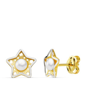 Pendientes estrella perla de oro bicolor de 18 k