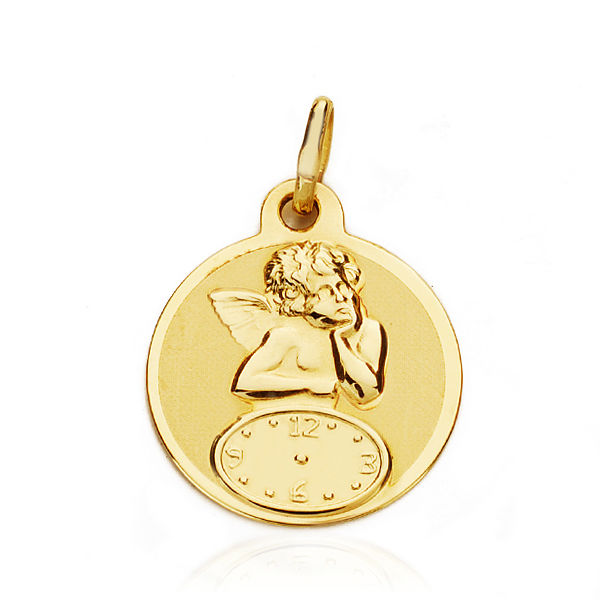 Medalla oro 18k redonda bebé ángel y reloj
